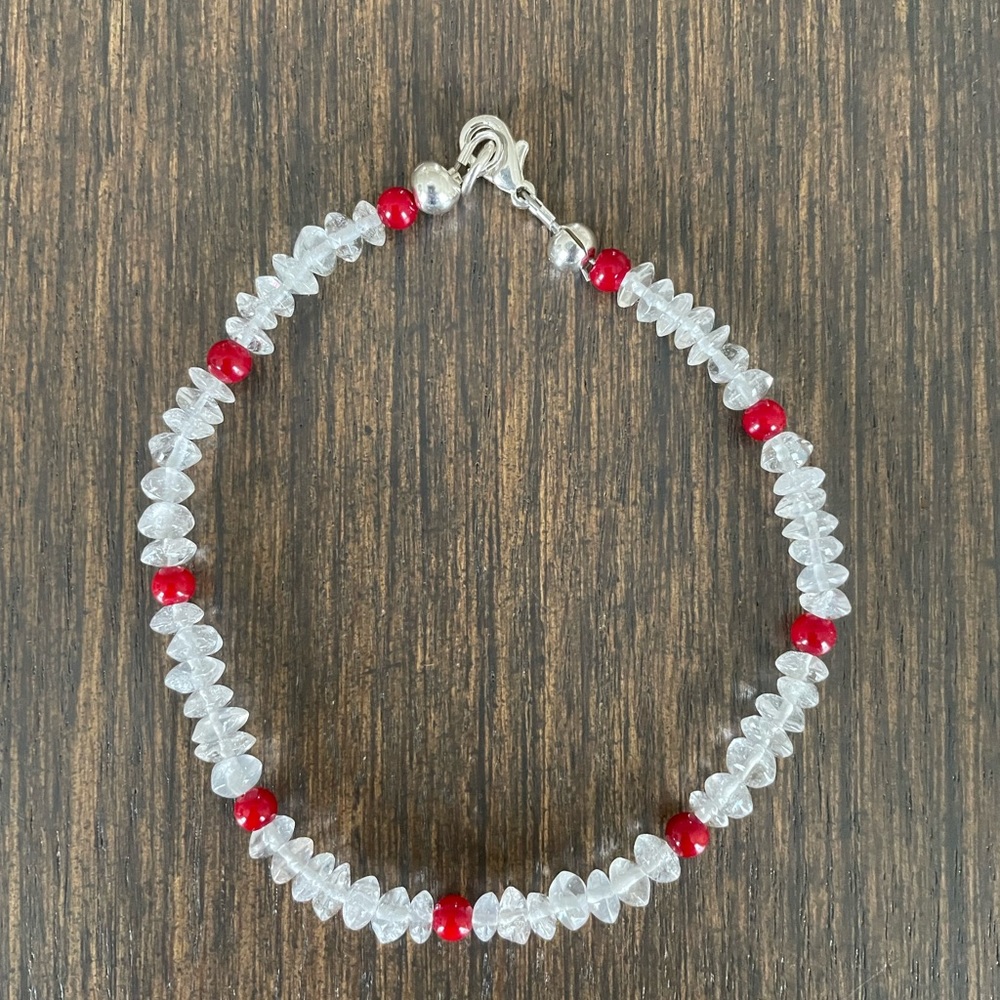 HAND CRAFTED Bracelet Clear Quartz Red Glass Silver Plated Hardware